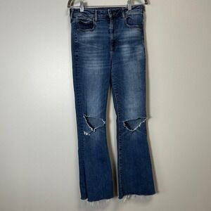 American Eagle Highest Rise Flare Jeans Blue Distressed Raw Hem Size 10 Regular